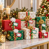 Hallmark gold Christmas wrapping paper set with wrapped gifts on a holiday table