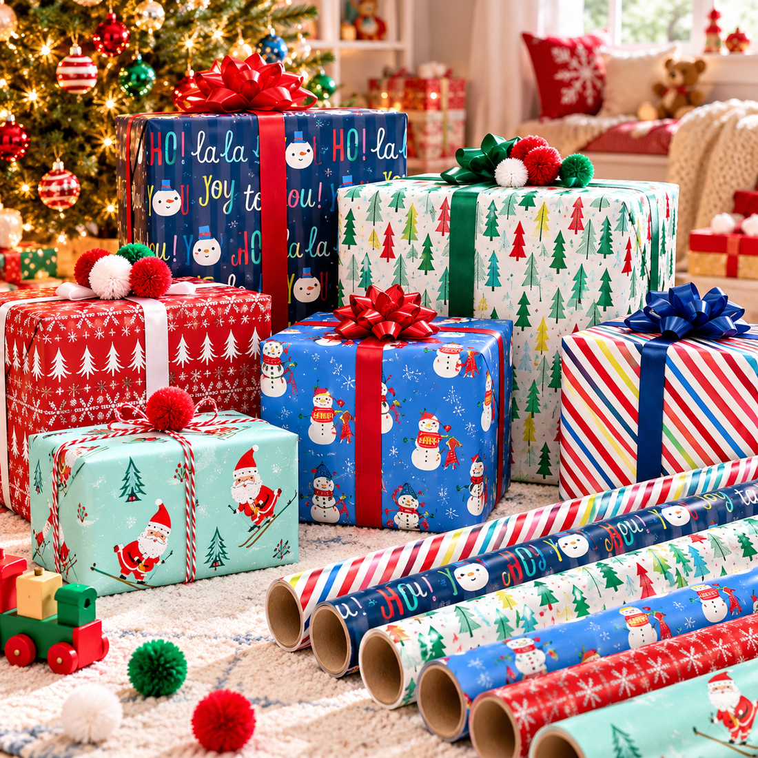 Kids Christmas wrapping paper with skiing Santa, snowmen and stripes on gifts