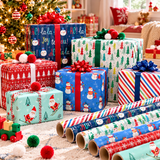 Kids Christmas wrapping paper with skiing Santa, snowmen and stripes on gifts
