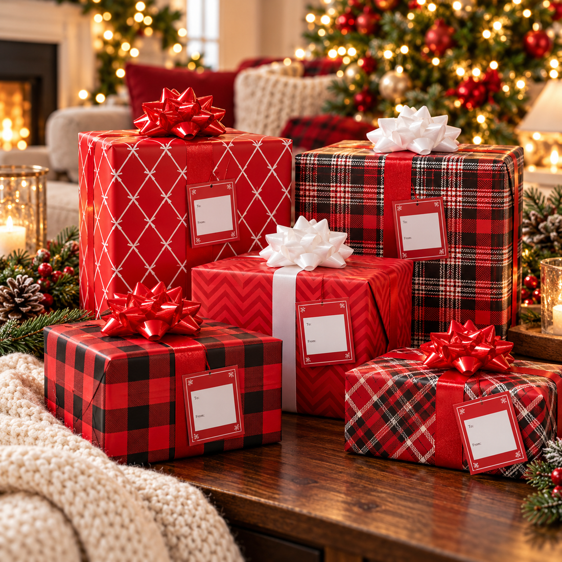 American Greetings red, black and white plaid wrapping paper on gifts by the tree