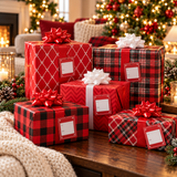 American Greetings red, black and white plaid wrapping paper on gifts by the tree