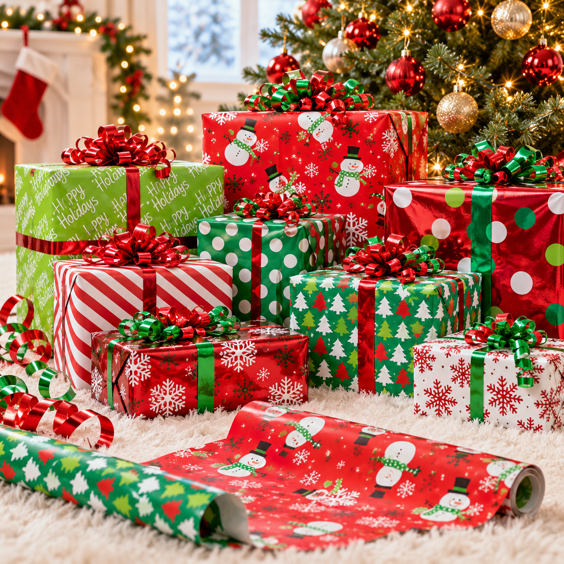 Red and green foil wrapping paper on gifts around a Christmas tree