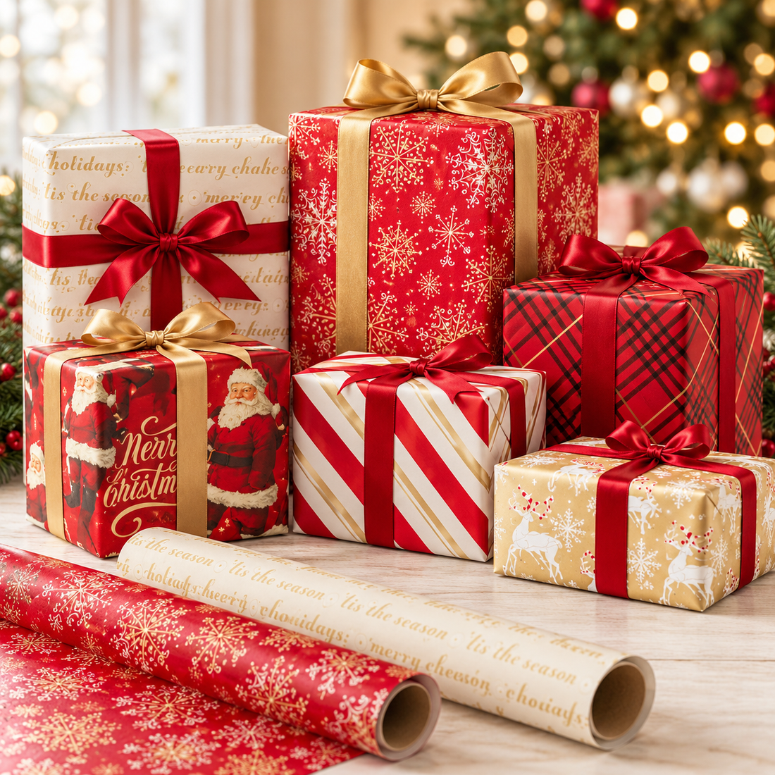 Red and gold reversible Christmas wrapping paper on gift boxes by a Christmas tree