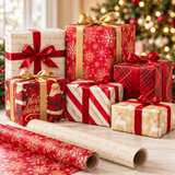 Red and gold reversible Christmas wrapping paper on gift boxes by a Christmas tree