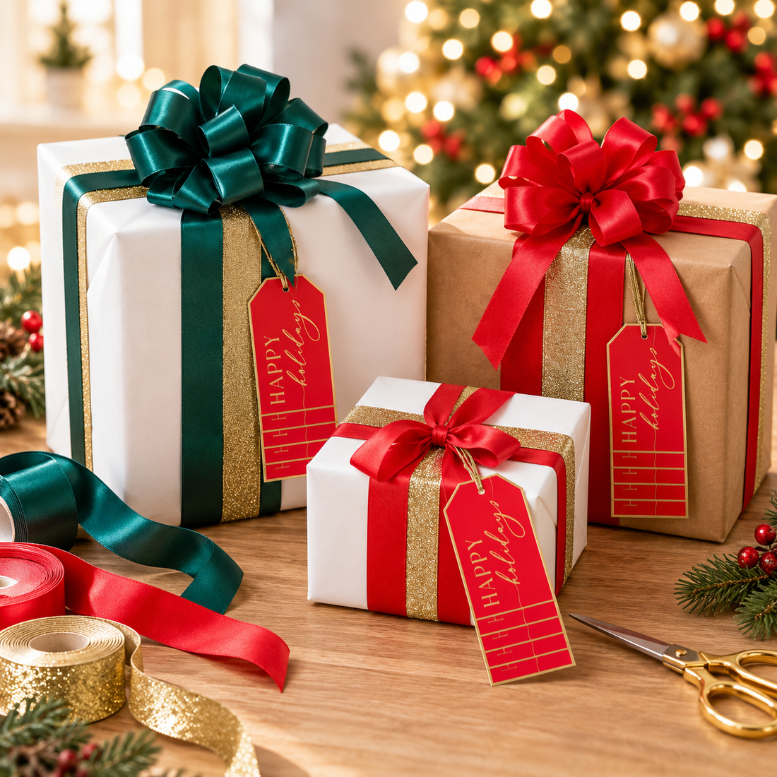 Papyrus Christmas gift tags, ribbons and bows on wrapped gifts