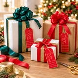 Papyrus Christmas gift tags, ribbons and bows on wrapped gifts