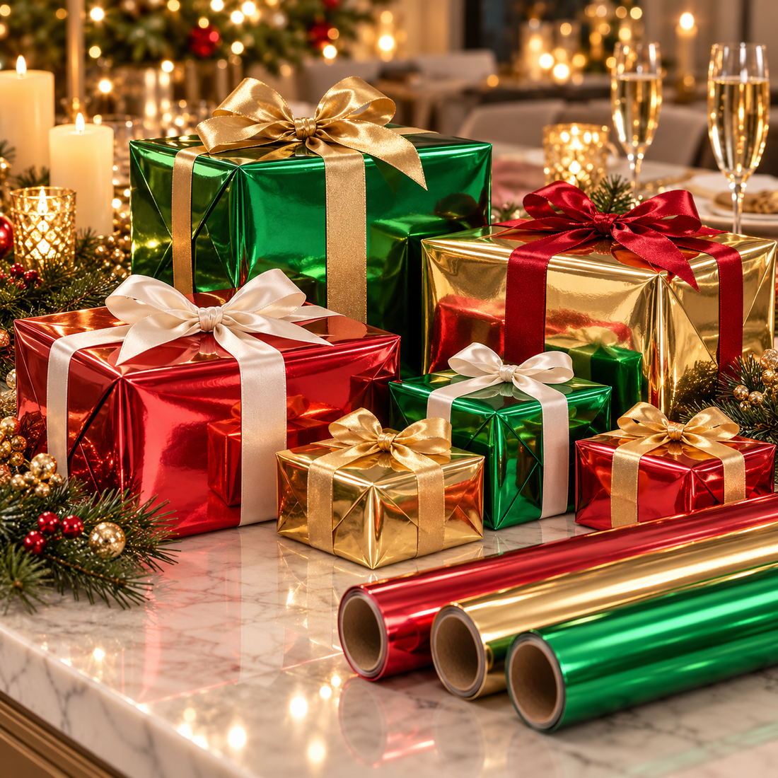 Red, green and gold metallic foil wrapped gifts at a holiday table