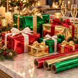 Red, green and gold metallic foil wrapped gifts at a holiday table