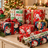Vintage Santa and snowman wrapping paper on gifts on a sideboard