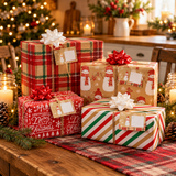American Greetings red and tan Christmas wrapping paper on a farmhouse gift table