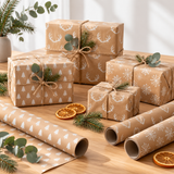 Kraft Christmas wrapping paper with trees, antlers and snowflakes on gifts with twine