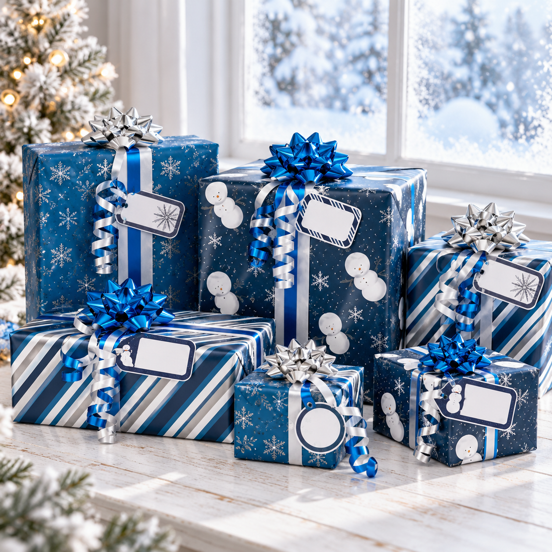 Hallmark navy blue Christmas wrapping paper set with gifts by a snowy window