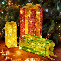 3pcs 18in-15in-11in Green Gold Christmas Lighting Gift Box