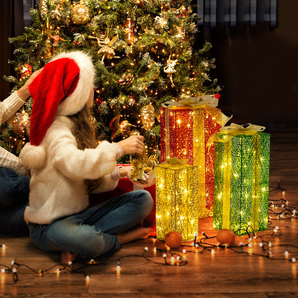3pcs 18in-15in-11in Green Gold Christmas Lighting Gift Box
