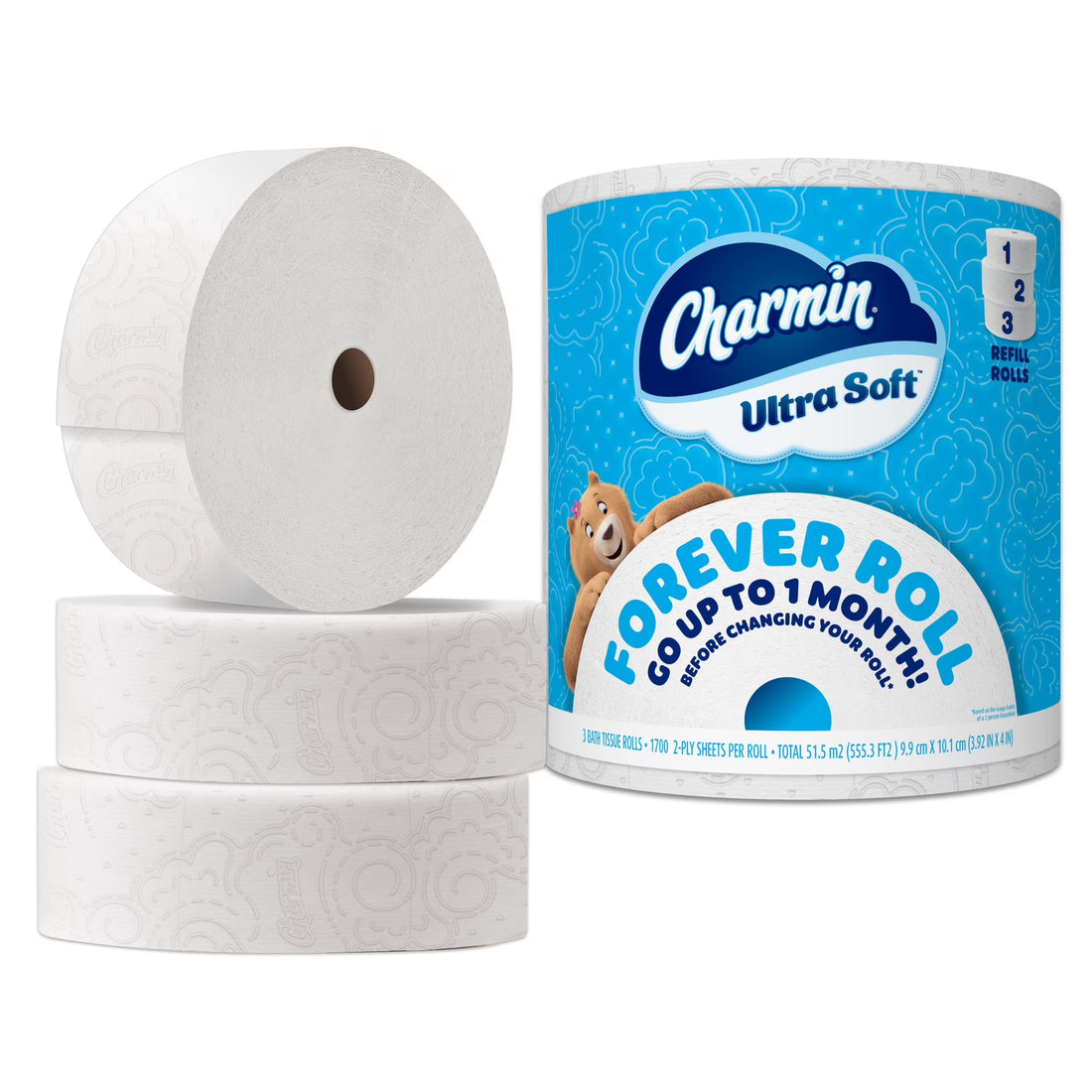 Charmin Ultra Soft Forever Roll Refill Rolls, 3-Pack
