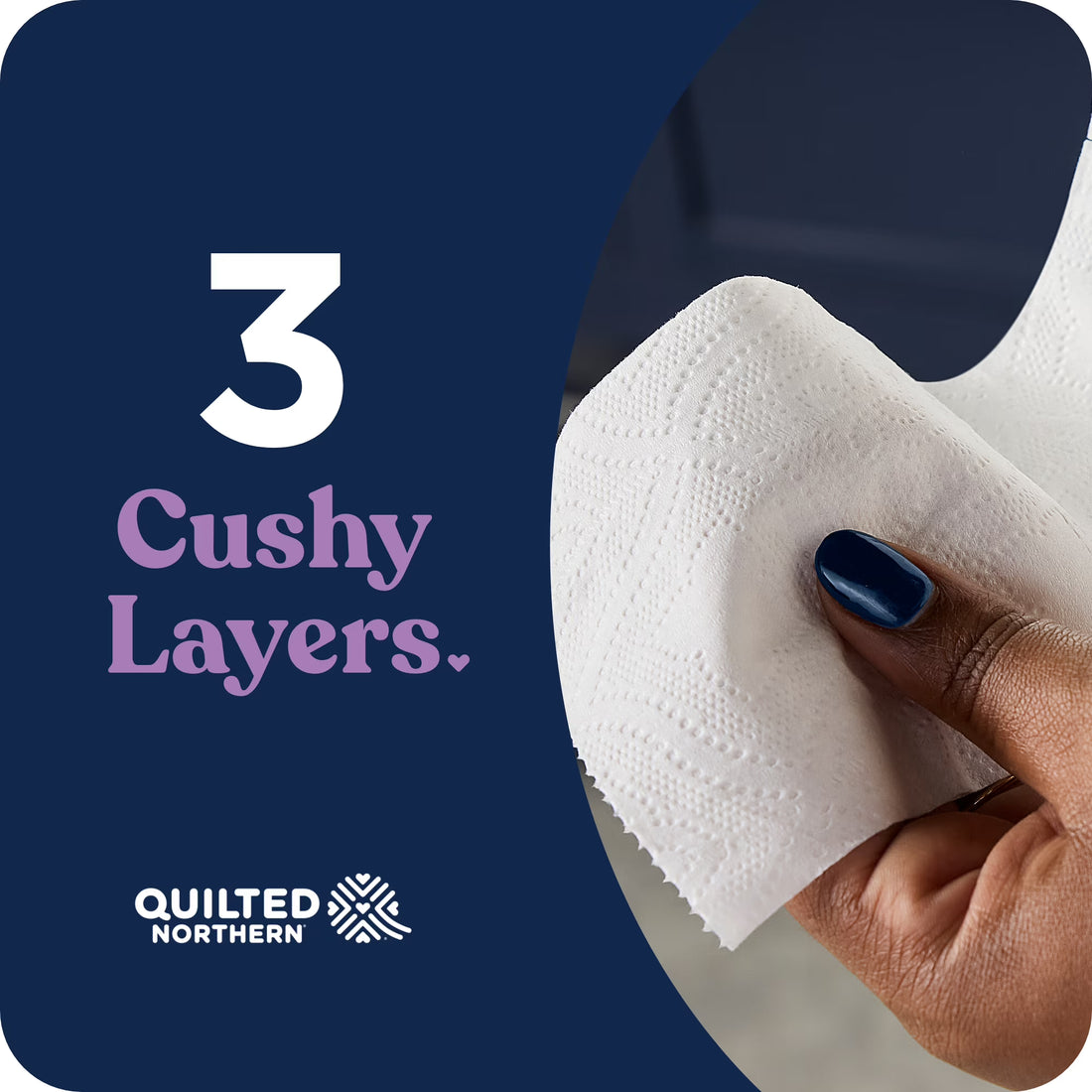 Quilted Northern tissue with text '3 Cushy Layers' on a blue background