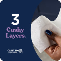 Quilted Northern tissue with text '3 Cushy Layers' on a blue background