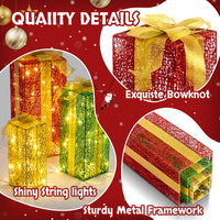 3pcs 18in-15in-11in Green Gold Christmas Lighting Gift Box