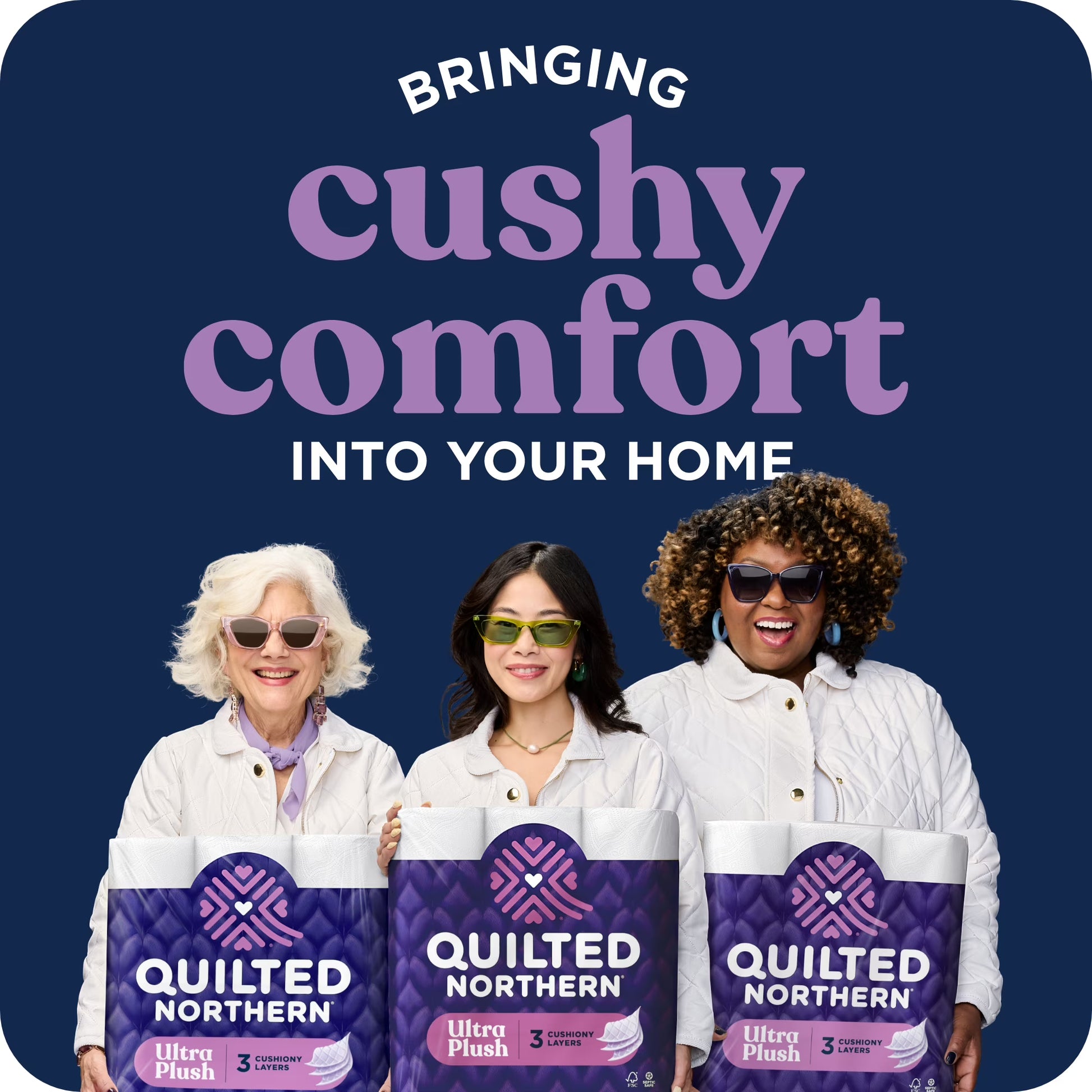 Three women holding Quilted Northern Ultra Plush packages with promotional text on a blue background