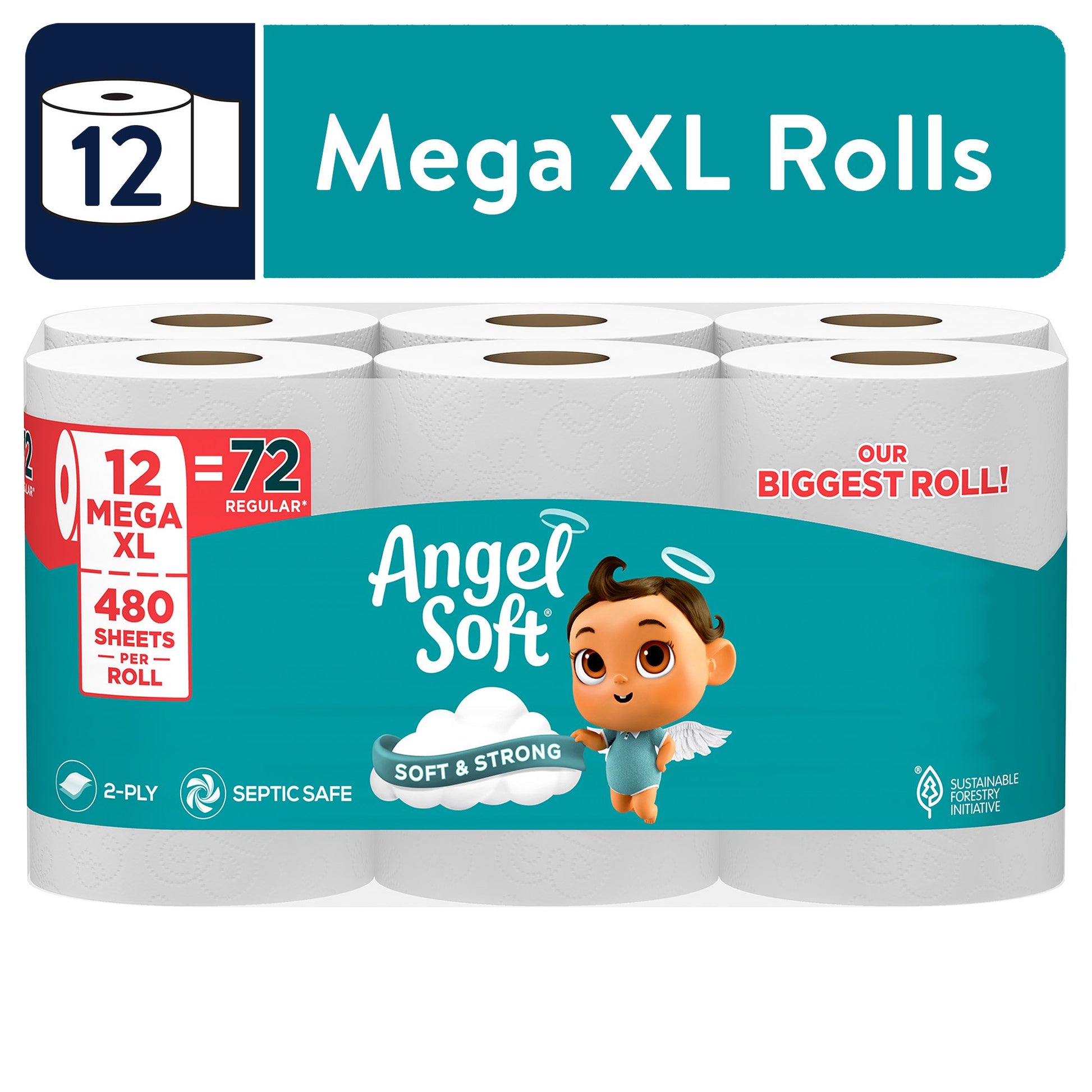 Angel Soft Mega XL Toilet Paper, 12 Rolls, 2-Ply, 480 Sheets Per Roll