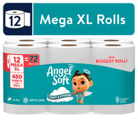 Angel Soft Mega XL Toilet Paper, 12 Rolls, 2-Ply, 480 Sheets Per Roll