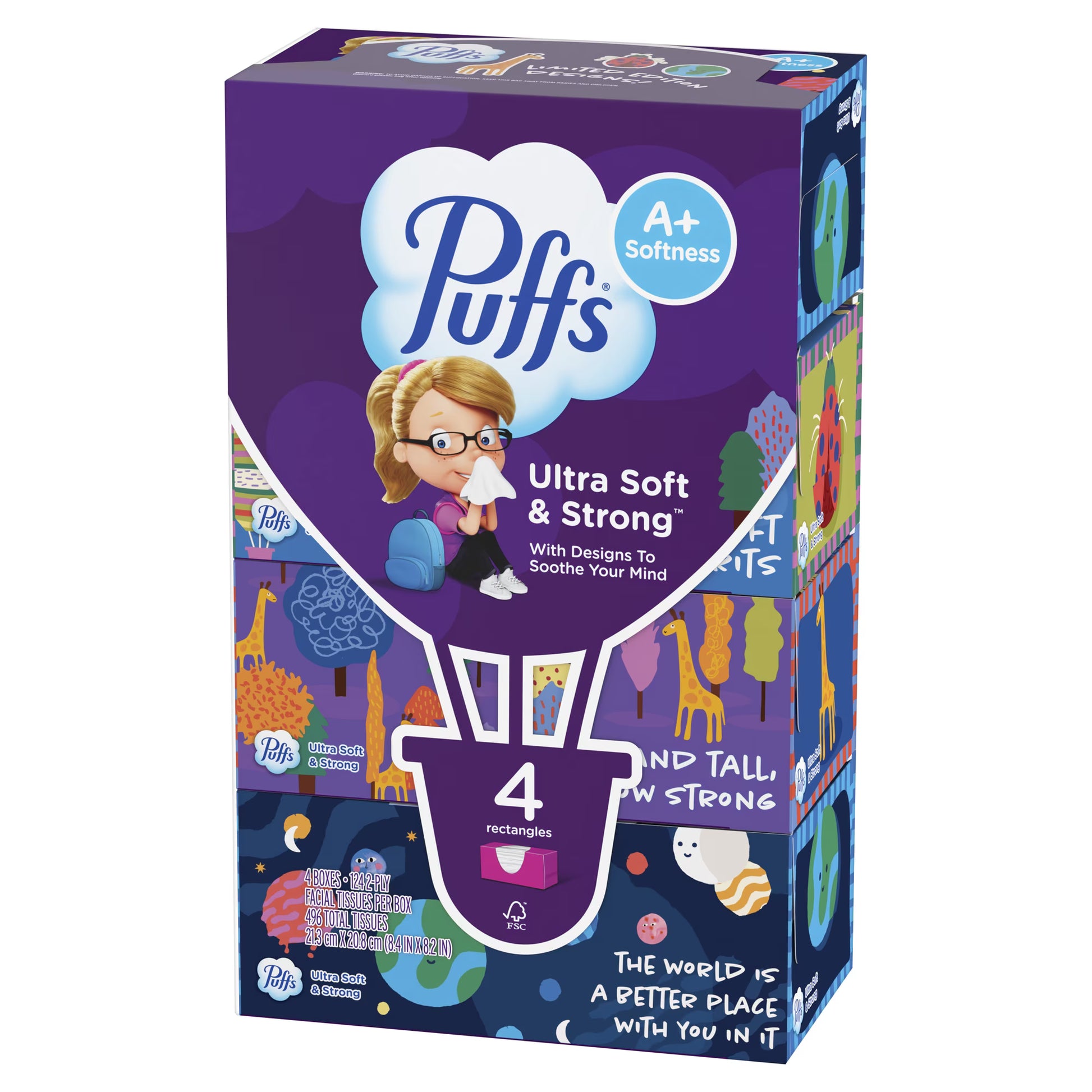 Puffs Ultra Soft Facial Tissues, 4 Boxes, Back-to-School Edition