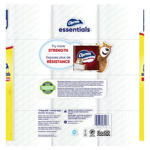Charmin Essentials Strong Toilet Paper, 12 Mega Rolls