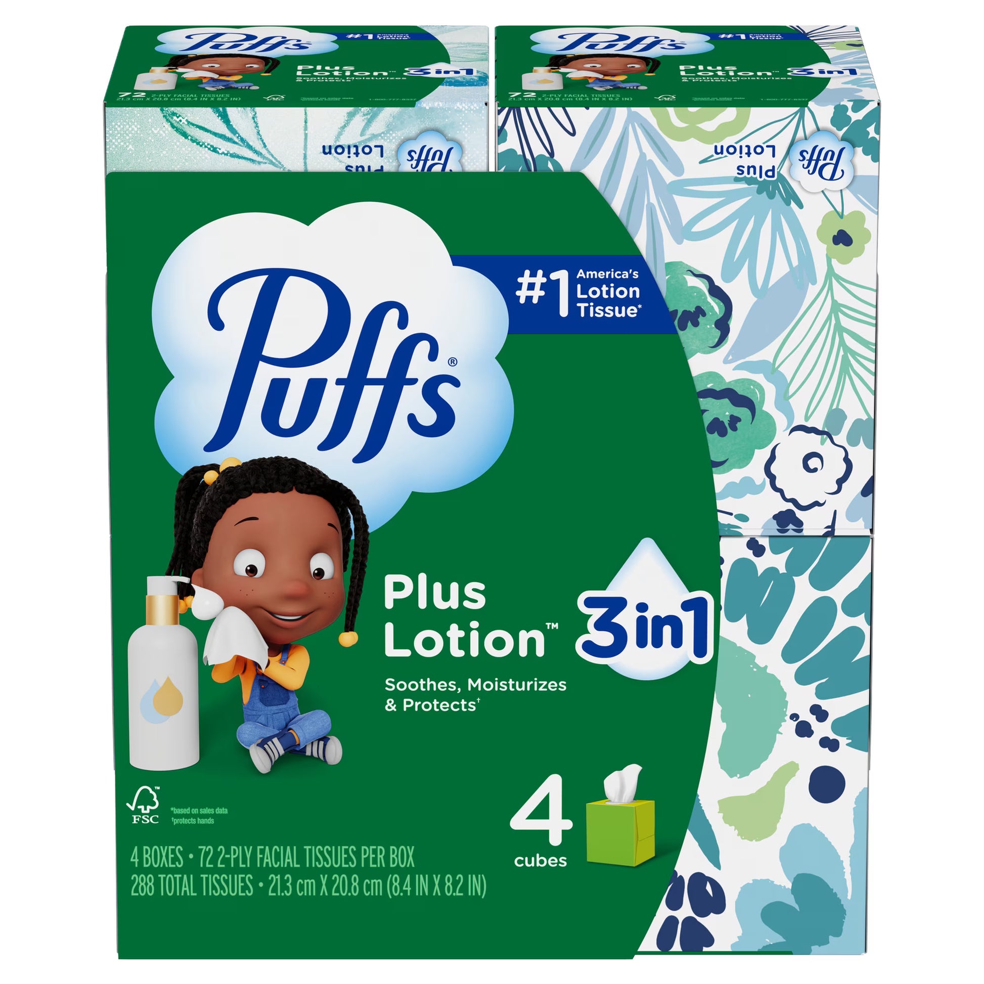 Puffs Plus Lotion Facial Tissue, 4 Mega Cube Boxes