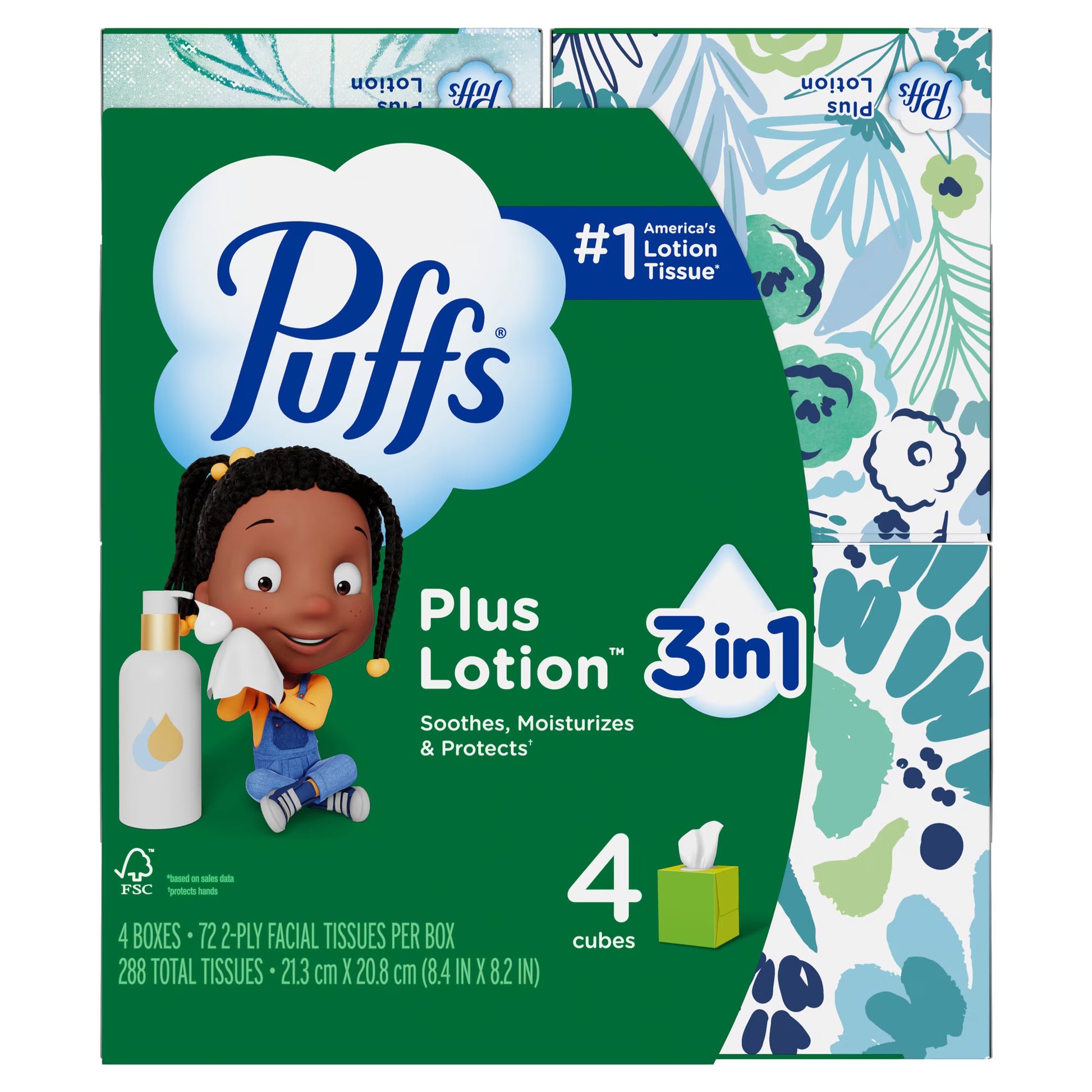 Puffs Plus Lotion Facial Tissue, 4 Mega Cube Boxes