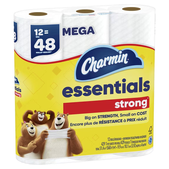 Charmin Essentials Strong Toilet Paper, 12 Mega Rolls