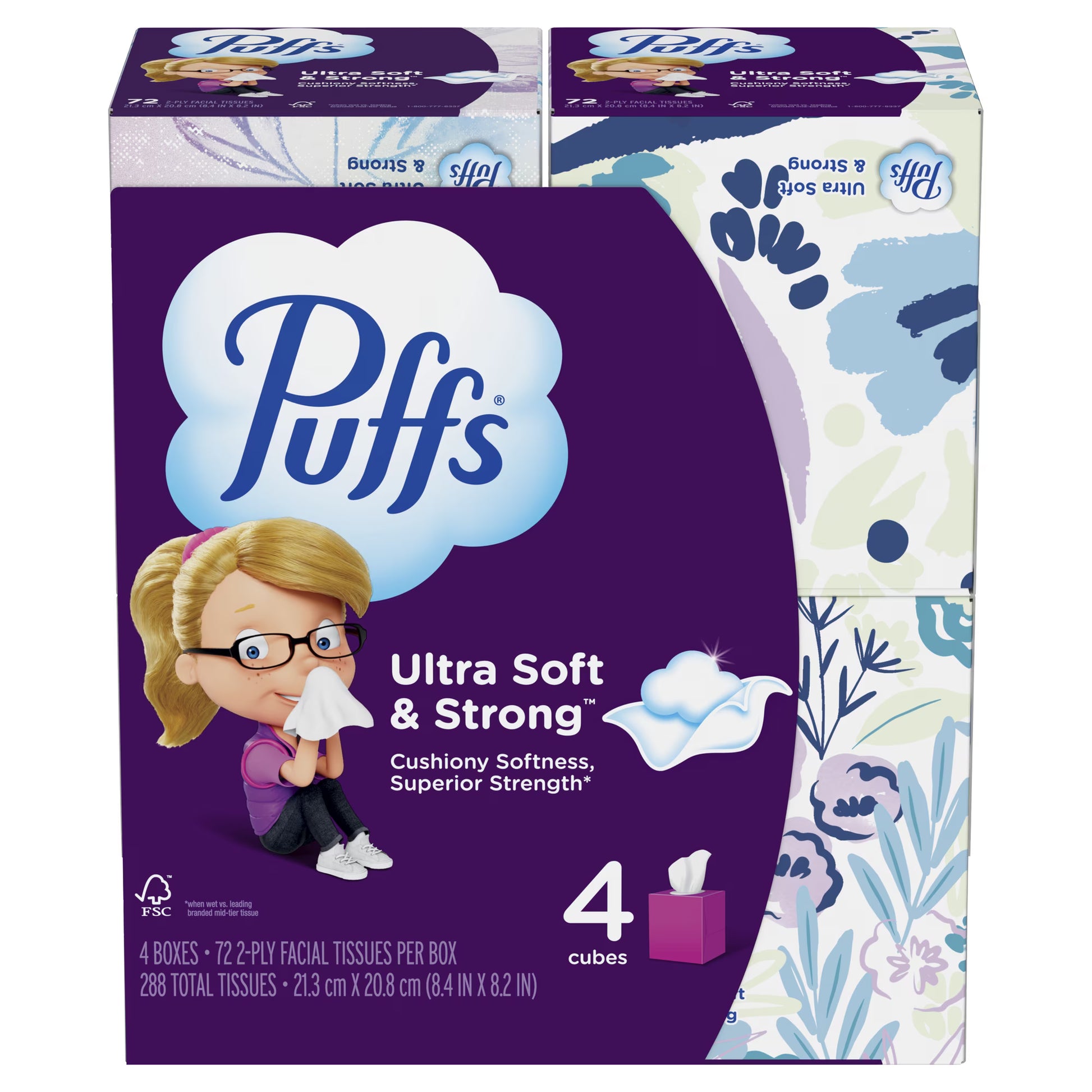 Puffs Ultra Soft Facial Tissues, 4 Mega Cube Boxes