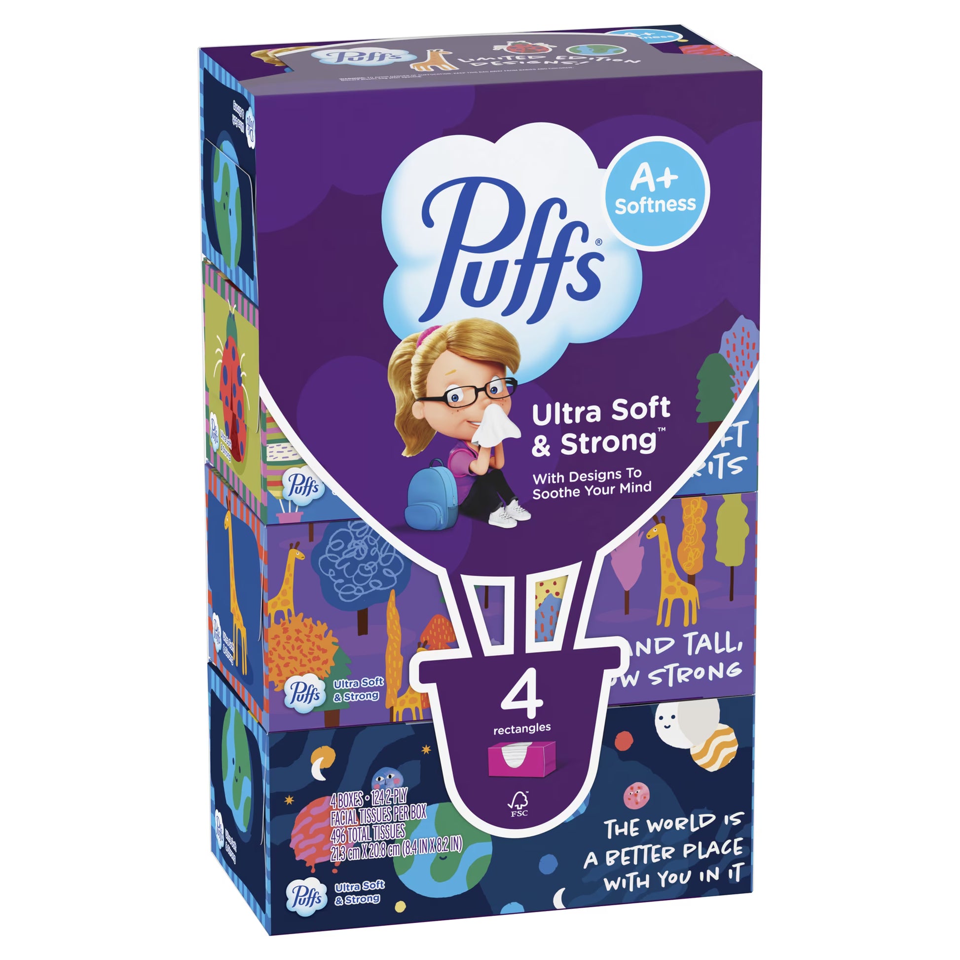Puffs Ultra Soft Facial Tissues, 4 Boxes, Back-to-School Edition