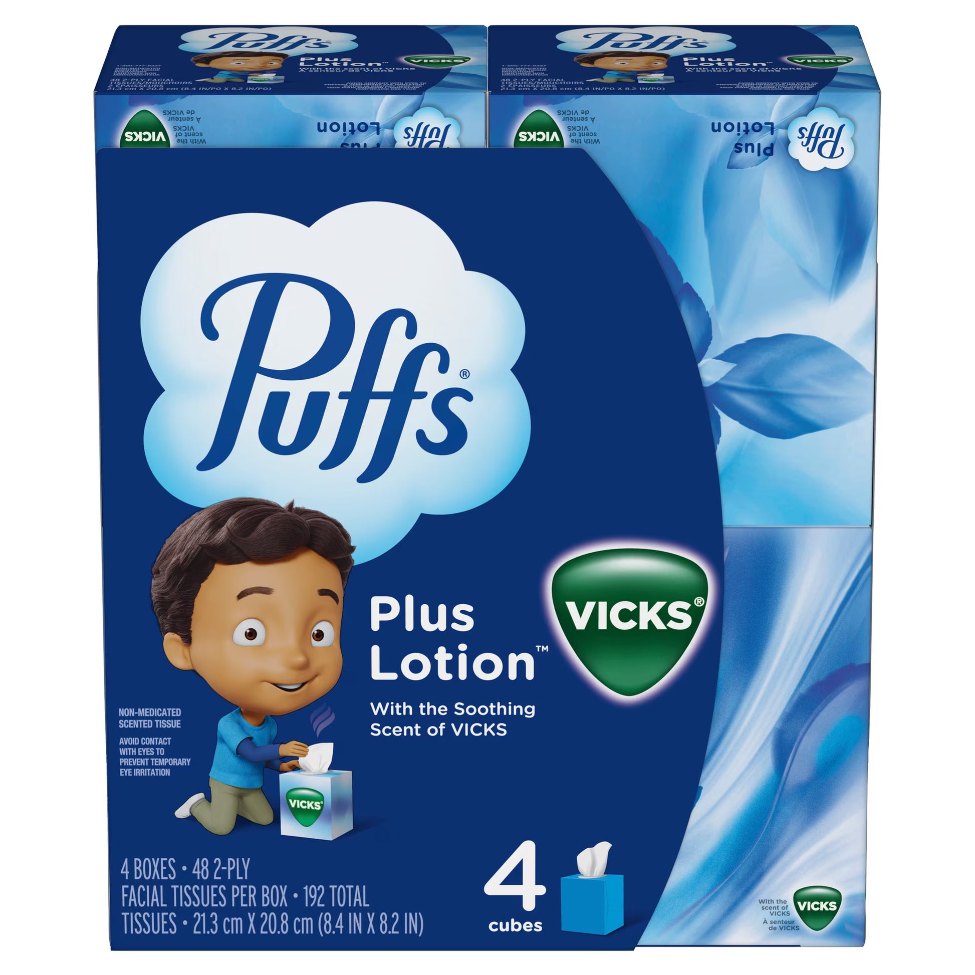 Puffs Plus Lotion Facial Tissue with Vicks Scent, 4 Cube Boxes