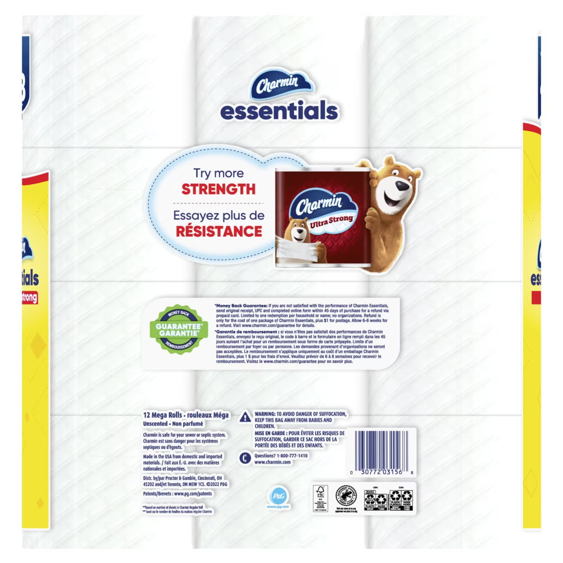 Charmin Essentials Strong Toilet Paper, 12 Mega Rolls (4-Pack, 48 Rolls Total)