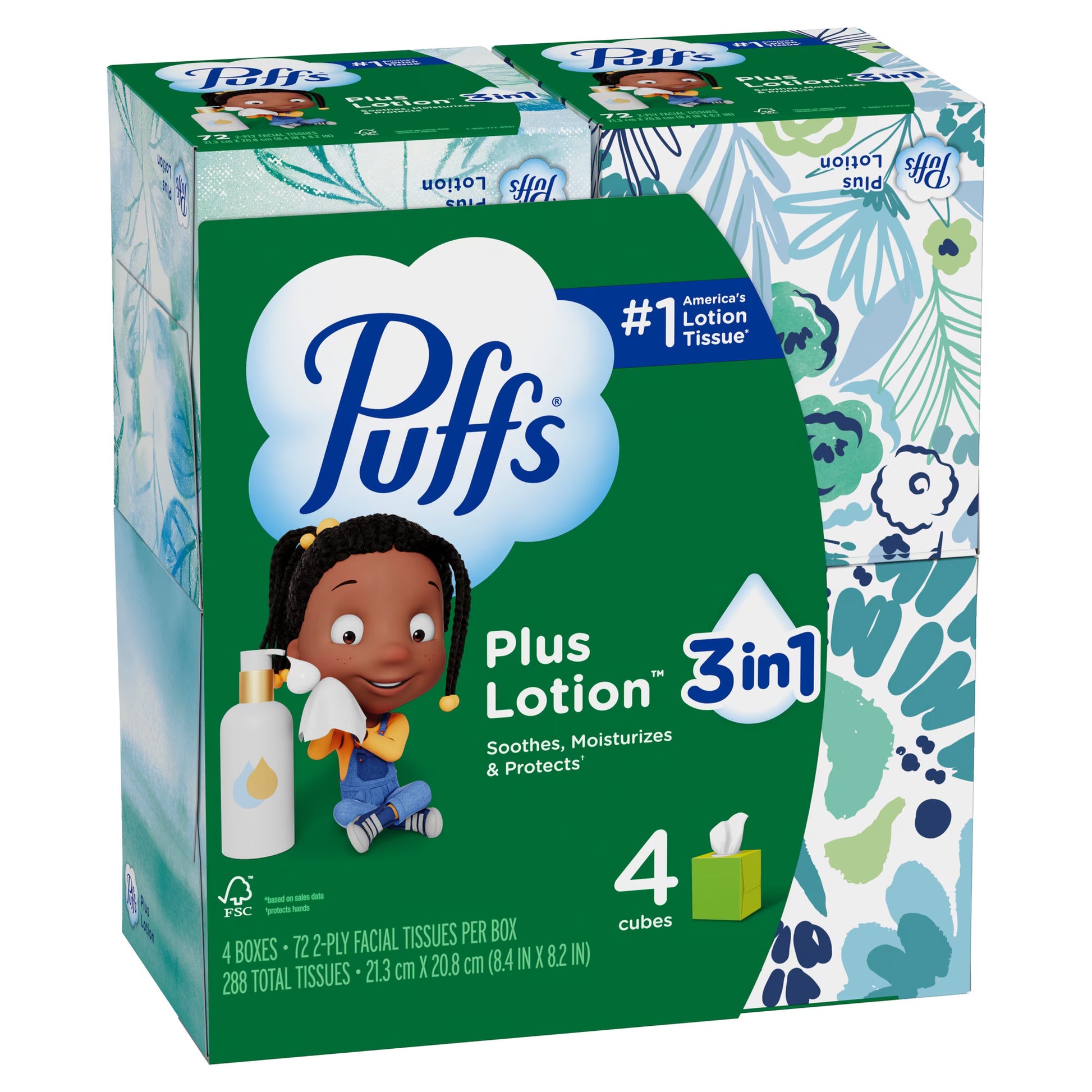 Puffs Plus Lotion Facial Tissue, 4 Mega Cube Boxes