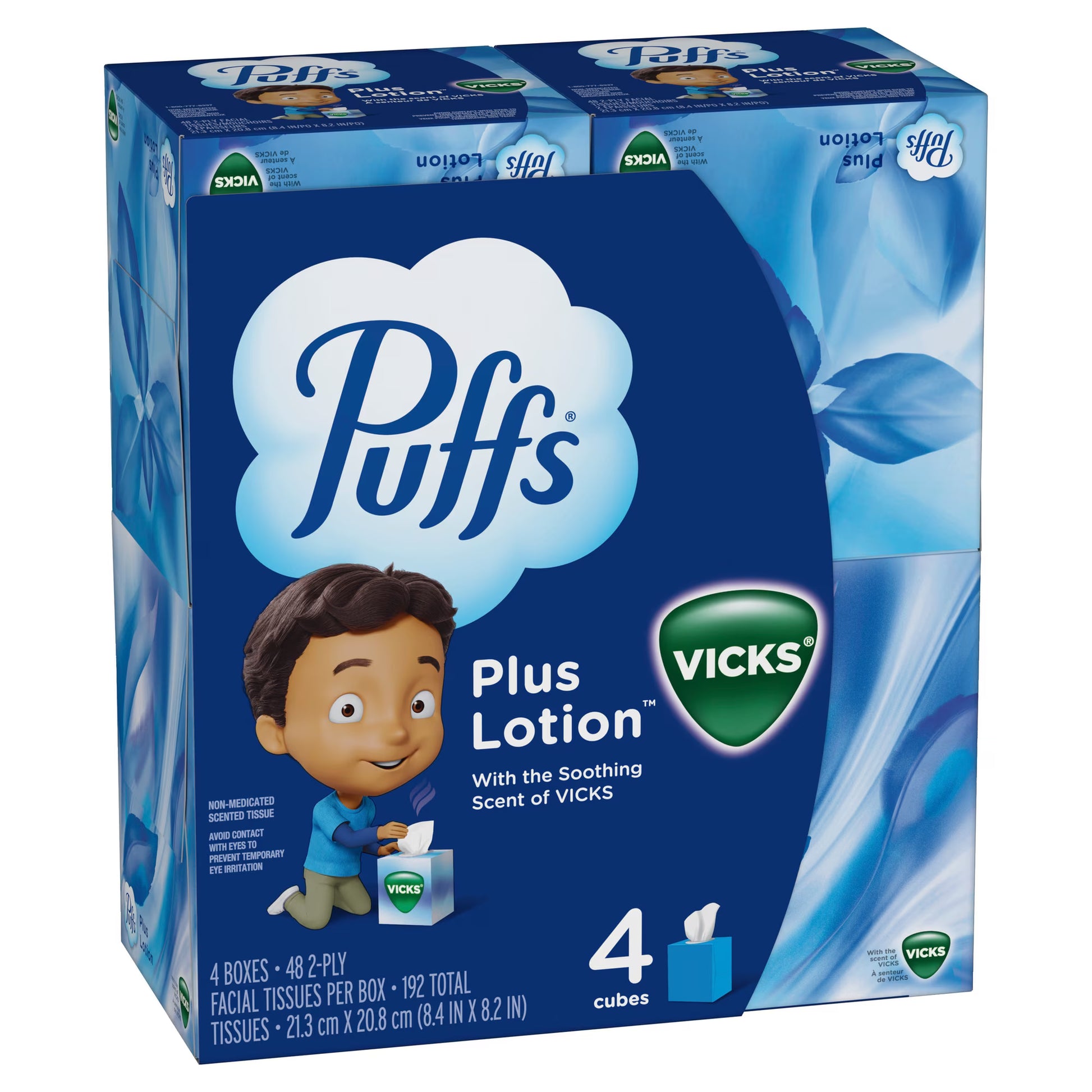 Puffs Plus Lotion Facial Tissue with Vicks Scent, 4 Cube Boxes