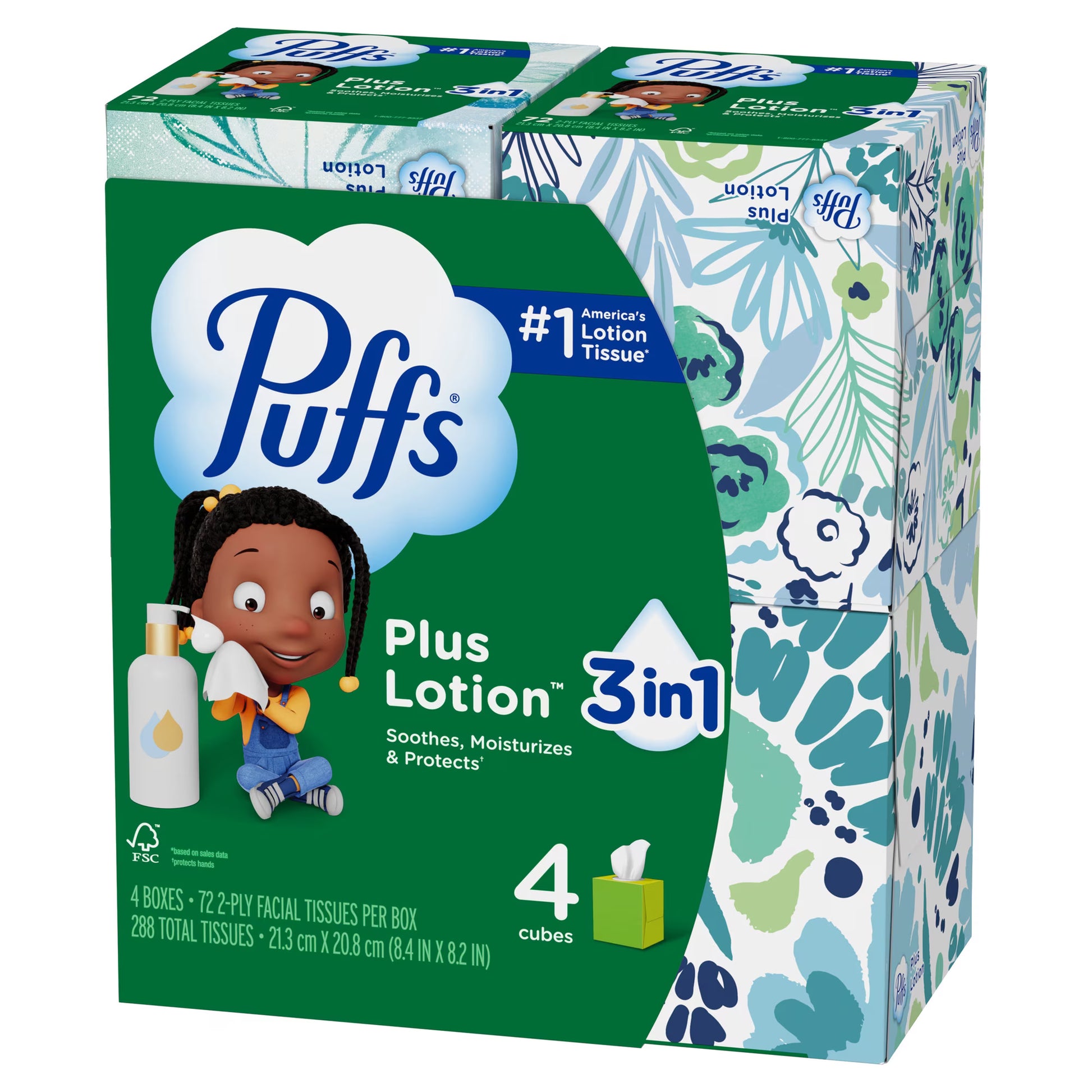 Puffs Plus Lotion Facial Tissue, 4 Mega Cube Boxes