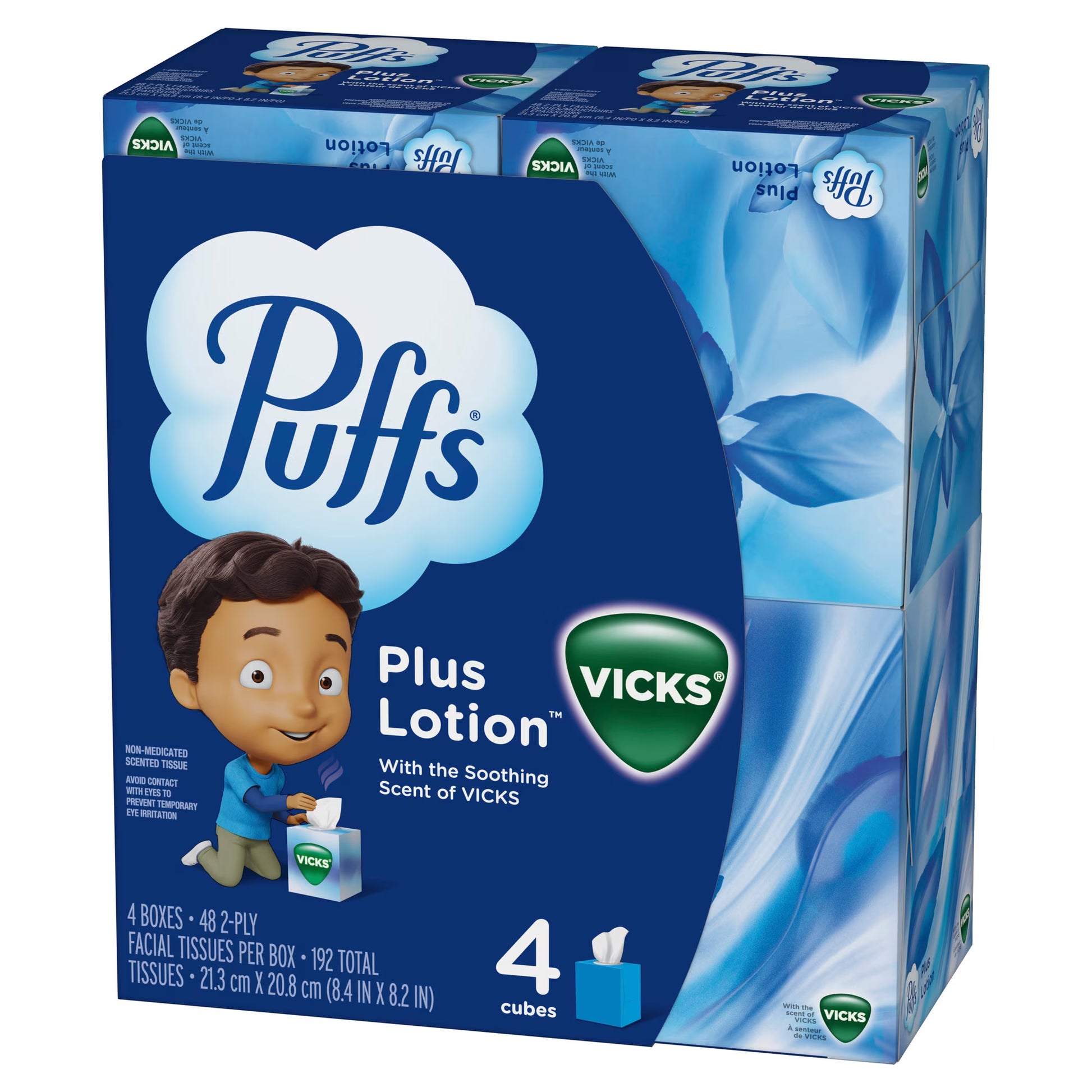 Puffs Plus Lotion Facial Tissue with Vicks Scent, 4 Cube Boxes