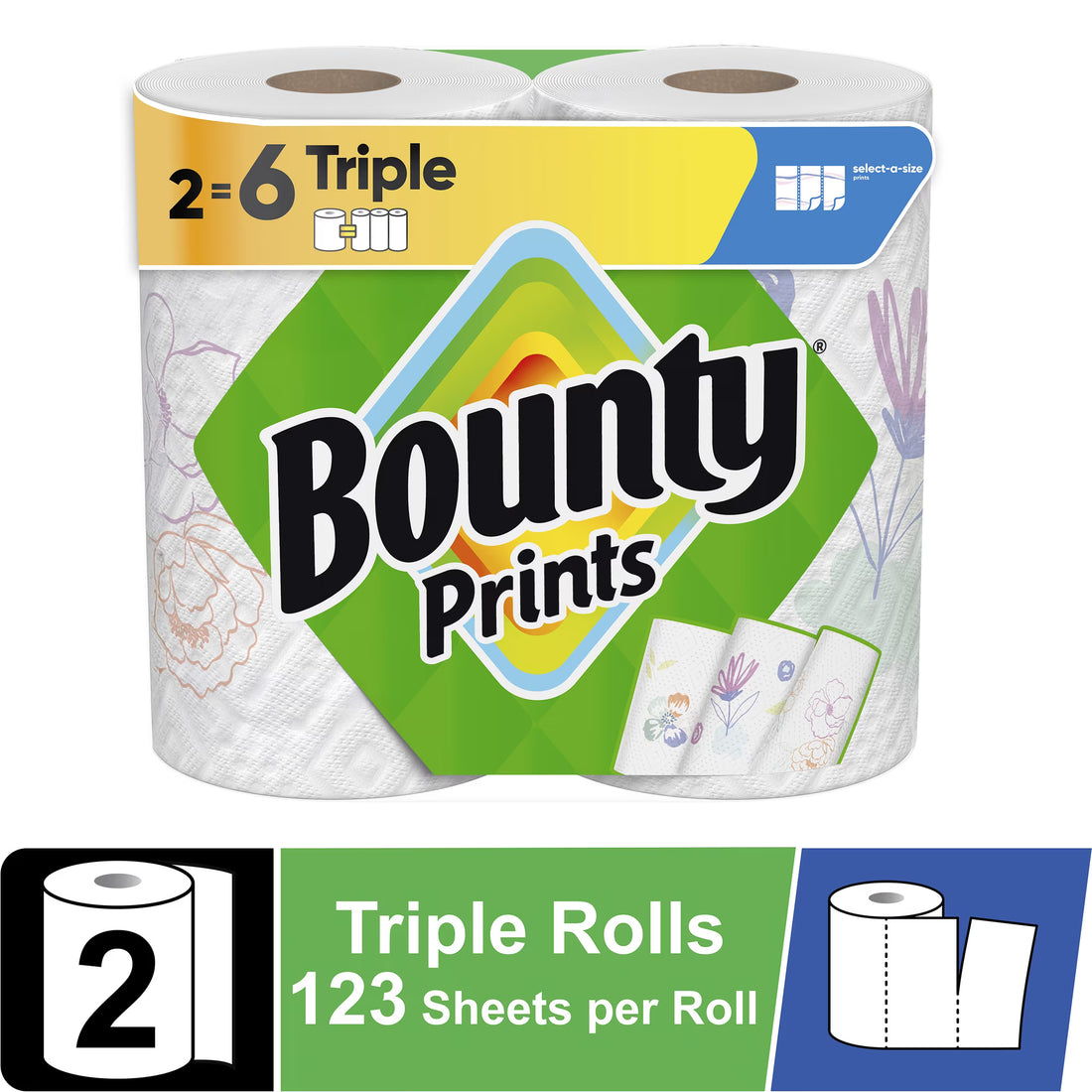 Bounty Select-A-Size Paper Towels, Print, 2 Triple Rolls