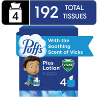 Puffs Plus Lotion Facial Tissue with Vicks Scent, 4 Cube Boxes