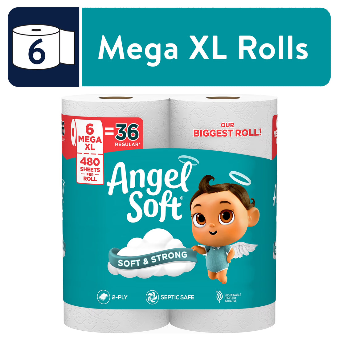 Angel Soft Mega XL Toilet Paper, 6 Rolls (480 2-Ply Sheets Each)