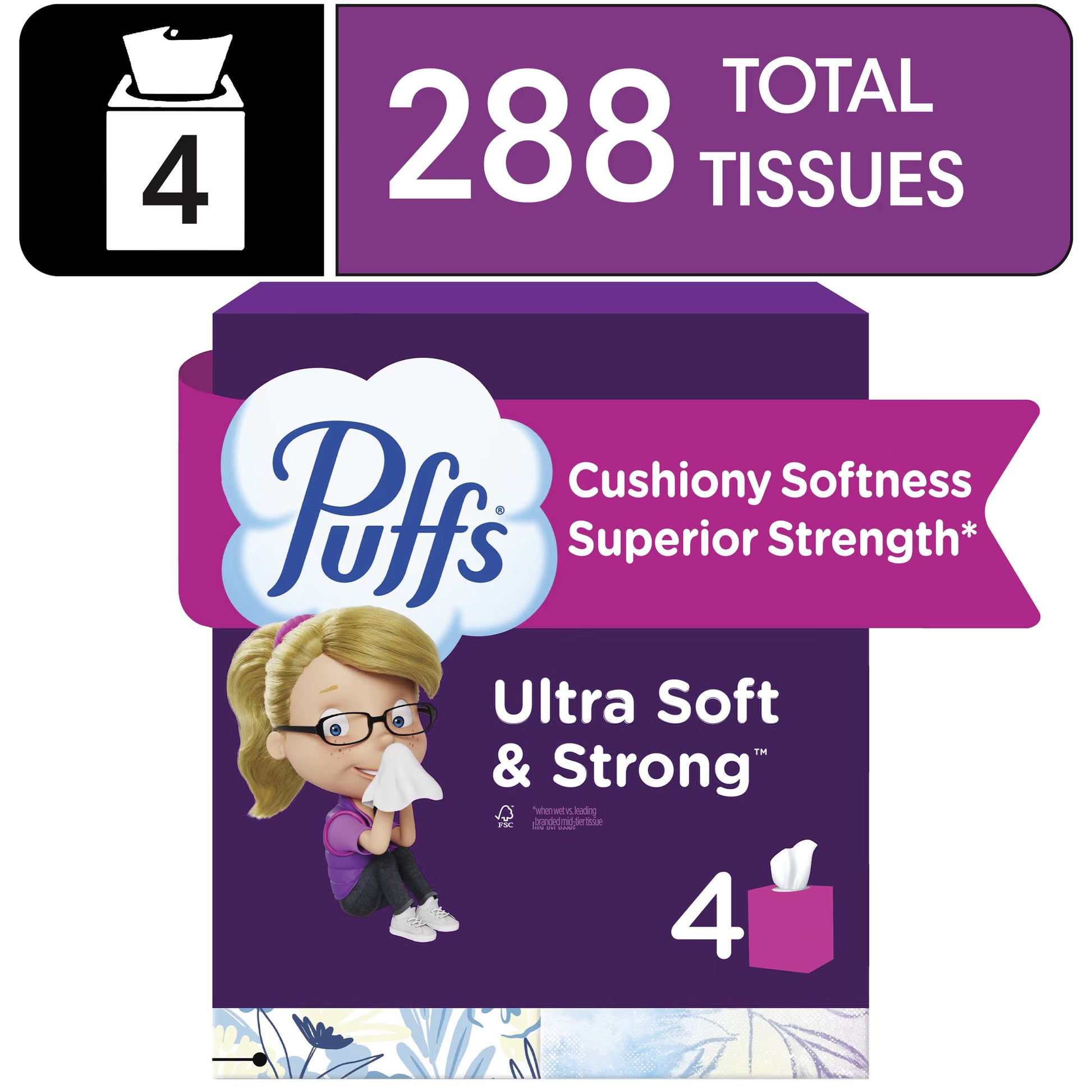 Puffs Ultra Soft Facial Tissues, 4 Mega Cube Boxes