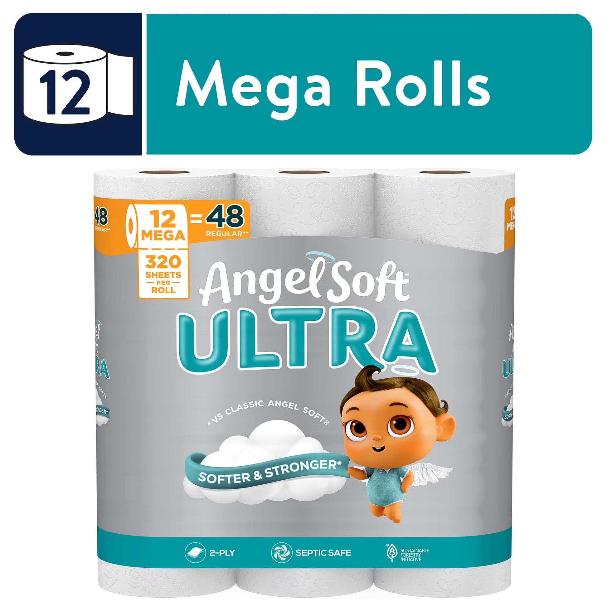 Angel Soft Ultra Toilet Paper, 12 Mega Rolls, 2-Ply, 320 Sheets Per Roll
