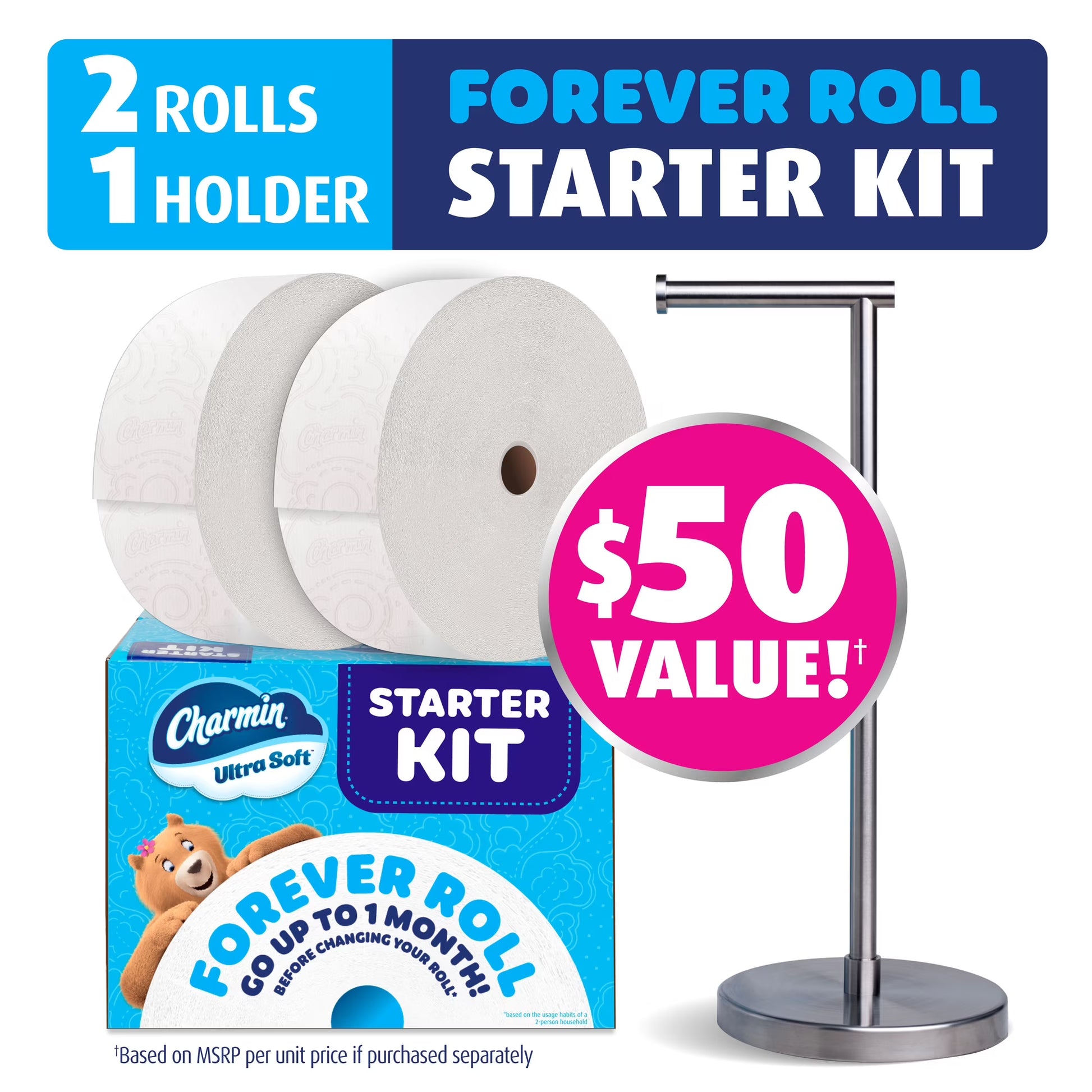 Charmin Ultra Soft Forever Roll Starter Kit, Holder + 2 Giant Rolls