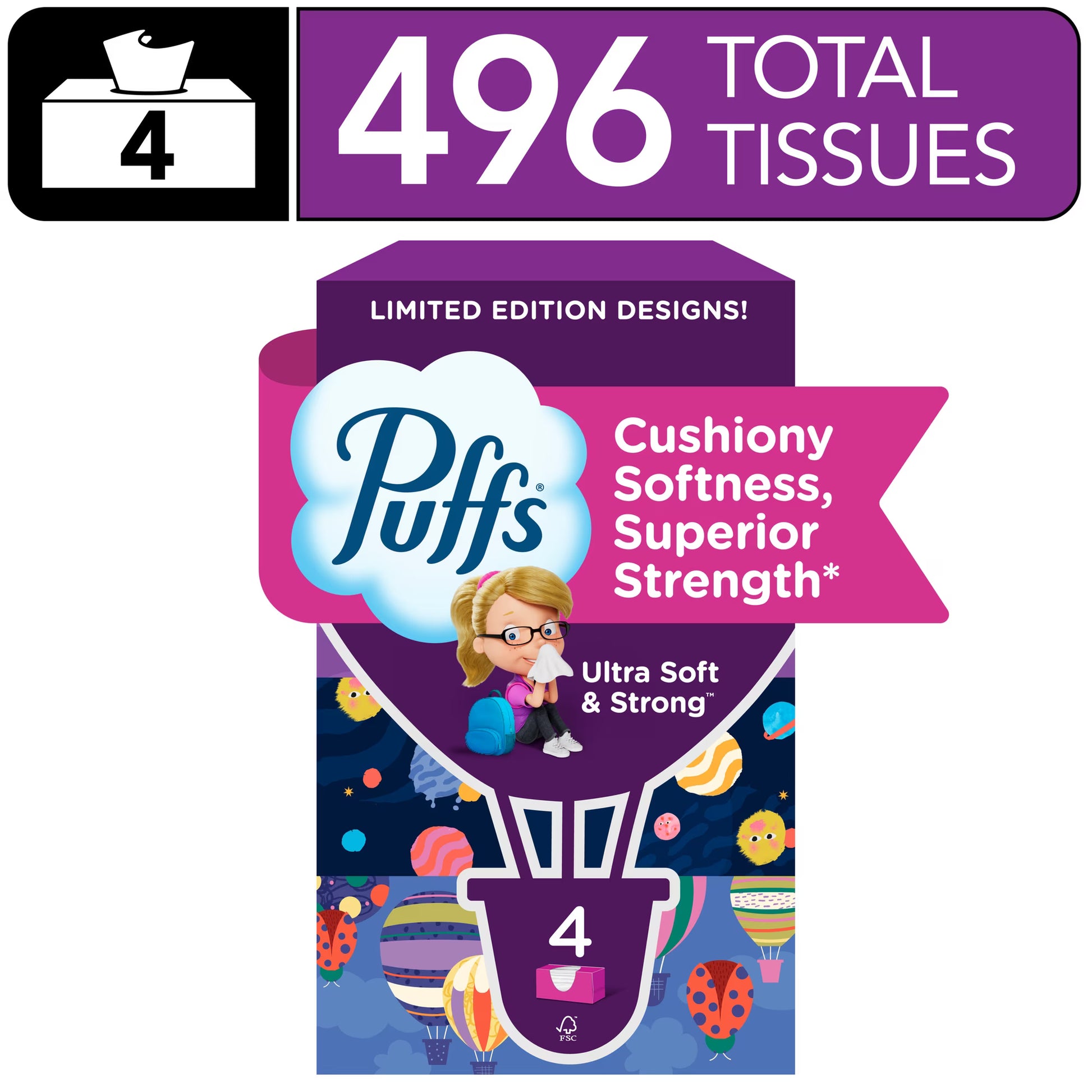 Puffs Ultra Soft Facial Tissues, 4 Boxes, Back-to-School Edition