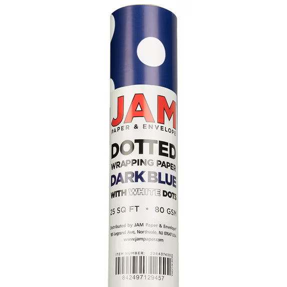 JAM Paper Dark Blue Polka Dot Gift Wrapping Paper Roll, 25 Sq. Ft.