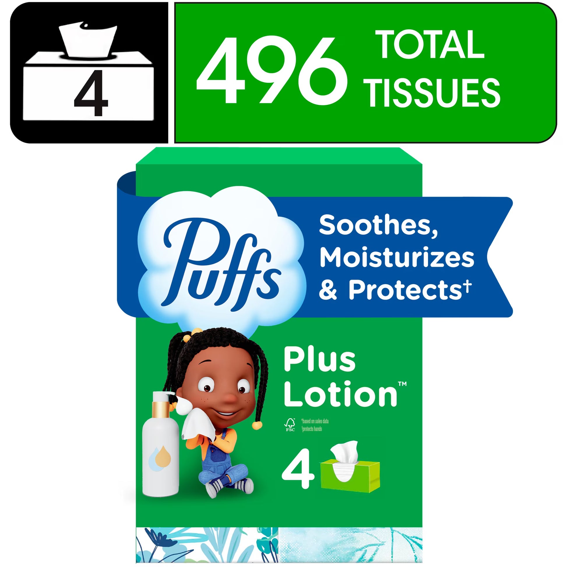Puffs Plus Lotion Facial Tissues, 4-Pack Family Boxes