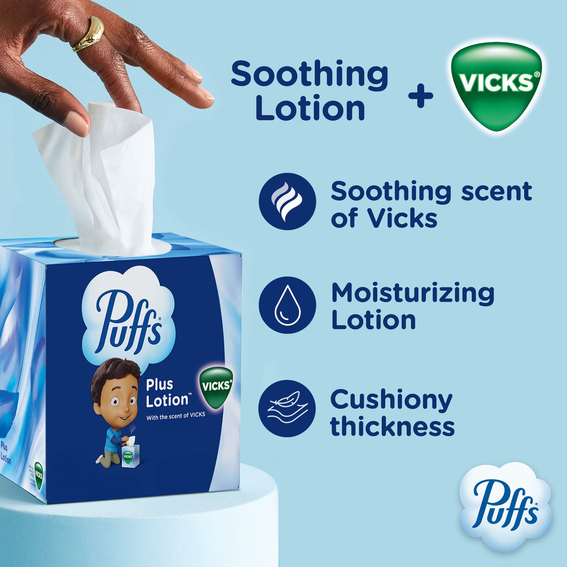 Puffs Plus Lotion Facial Tissue with Vicks Scent, 4 Cube Boxes