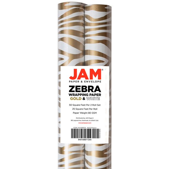 JAM Paper Gold & White Zebra Gift Wrapping Paper, 2 Rolls, 50 Sq. Ft.