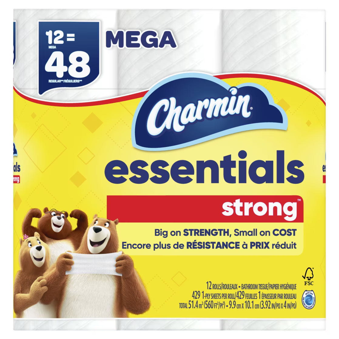 Charmin Essentials Strong Toilet Paper, 12 Mega Rolls (4-Pack, 48 Rolls Total)